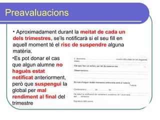 Preavaluacions
• Aproximadament durant la meitat de cada un
dels trimestres, se’ls notificarà si el seu fill en
aquell moment té el risc de suspendre alguna
matèria.
•Es pot donar el cas
que algun alumne no
hagués estat
notificat anteriorment,
però que suspengui la
global per mal
rendiment al final del
trimestre
 