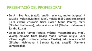 PRESENTACIÓ DEL PROFESSORAT
• 2n A : Eva Prat (català, anglès, science, matemàtiques) /
castellà i valors (Meritxell Mas), música (Edi González), religió
(Sara Villan), educació física (Josep Maria Parera), medi
(Elisabet Habimana), educació especial (Elisabet Habimana i
Sandra Ruaix)
• 2n B: Àngels Ramos (català, música, matemàtiques, medi,
valors), eduació física (Josep Maria Parera), religió (Sara
Villan), anglès i science (Iolanda Carrillo), educació especial
(Elisabet Habimana i Sandra Ruaix), castellà (Ramona
Santaeulàlia).
 