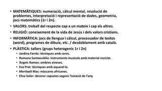 • MATEMÀTIQUES: numeració, càlcul mental, resolució de
problemes, interpretació i representació de dades, geometria,
jocs matemàtics (1r i 2n).
• VALORS: treball del respecte cap a un mateix i cap als altres.
• RELIGIÓ: coneixement de la vida de Jesús i dels valors cristians.
• INFORMÀTICA: jocs de llengua i càlcul, processador de textos
(word), programes de dibuix, etc. / desdoblament amb català.
• PLÀSTICA: tallers (grups heterogenis 1r i 2n)
• Jordina Farràs: tècniques amb ceres.
• Ramona Santaeulàlia: instruments musicals amb material reciclat.
• Àngels Ramos: ombres xineses.
• Eva Prat: tècniques amb aquarel·la.
• Meritxell Mas: màscares africanes.
• Elisa Soler: decorar capsetes segons l’estació de l’any.
 