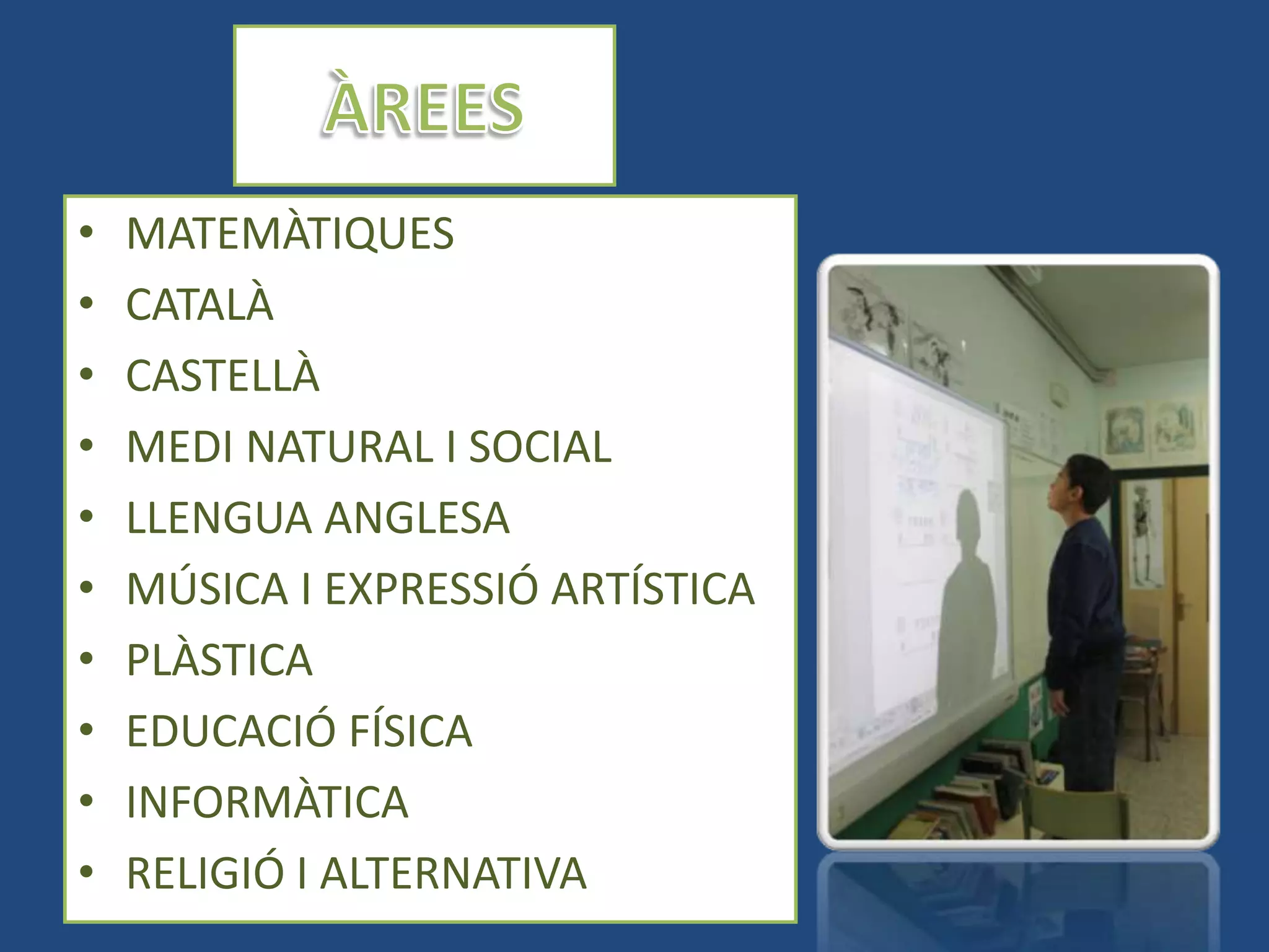 •   MATEMÀTIQUES
•   CATALÀ
•   CASTELLÀ
•   MEDI NATURAL I SOCIAL
•   LLENGUA ANGLESA
•   MÚSICA I EXPRESSIÓ ARTÍSTICA
•   PLÀSTICA
•   EDUCACIÓ FÍSICA
•   INFORMÀTICA
•   RELIGIÓ I ALTERNATIVA
 