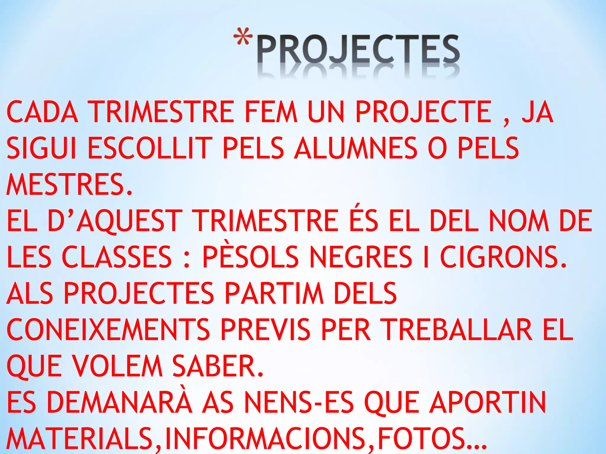 CADA TRIMESTRE FEM UN PROJECTE , JA
SIGUI ESCOLLIT PELS ALUMNES O PELS
MESTRES.
EL D’AQUEST TRIMESTRE ÉS EL DEL NOM DE
LES CLASSES : PÈSOLS NEGRES I CIGRONS.
ALS PROJECTES PARTIM DELS
CONEIXEMENTS PREVIS PER TREBALLAR EL
QUE VOLEM SABER.
ES DEMANARÀ AS NENS-ES QUE APORTIN
MATERIALS,INFORMACIONS,FOTOS…
 
