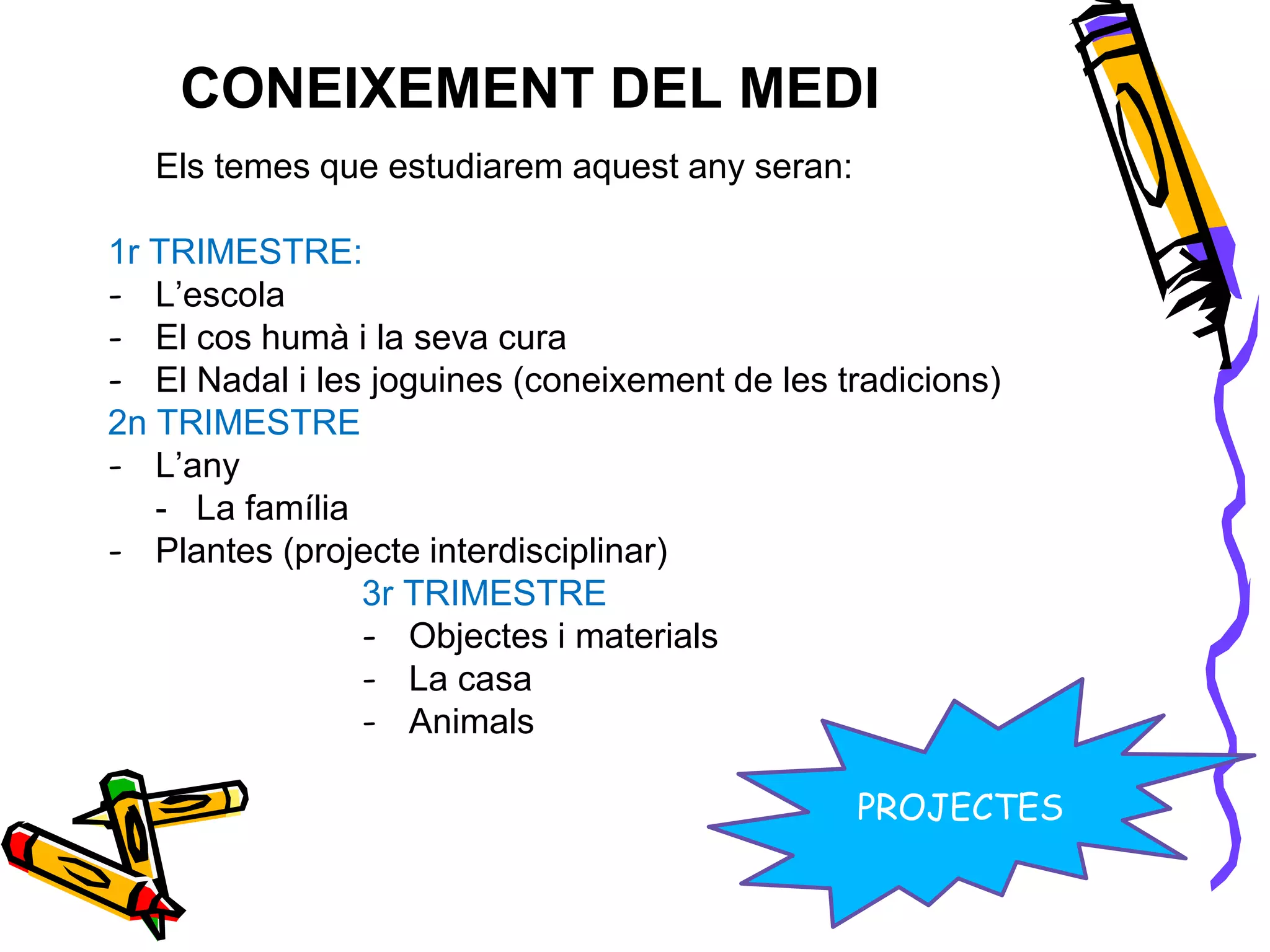 CONEIXEMENT DEL MEDI
Els temes que estudiarem aquest any seran:
1r TRIMESTRE:
- L’escola
- El cos humà i la seva cura
- El Nadal i les joguines (coneixement de les tradicions)
2n TRIMESTRE
- L’any
- La família
- Plantes (projecte interdisciplinar)
3r TRIMESTRE
- Objectes i materials
- La casa
- Animals
PROJECTES
 