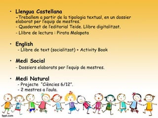 • Llengua Castellana
-Treballem a partir de la tipologia textual, en un dossier
elaborat per l’equip de mestres.
- Quadernet de l’editorial Teide. Llibre digitalitzat.
- Llibre de lectura : Pirata Malapata
• English
- Llibre de text (socialitzat) + Activity Book
• Medi Social
- Dossiers elaborats per l’equip de mestres.
• Medi Natural
- Projecte “Ciències 6/12”.
- 2 mestres a l’aula.
 