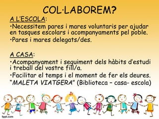 COL·LABOREM?
A L’ESCOLA:
•Necessitem pares i mares voluntaris per ajudar
en tasques escolars i acompanyaments pel poble.
•Pares i mares delegats/des.
A CASA:
•Acompanyament i seguiment dels hàbits d’estudi
i treball del vostre fill/a.
•Facilitar el temps i el moment de fer els deures.
“MALETA VIATGERA” (Biblioteca – casa- escola)
 