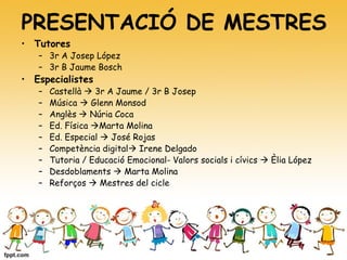 PRESENTACIÓ DE MESTRES
• Tutores
– 3r A Josep López
– 3r B Jaume Bosch
• Especialistes
– Castellà  3r A Jaume / 3r B Josep
– Música  Glenn Monsod
– Anglès  Núria Coca
– Ed. Física Marta Molina
– Ed. Especial  José Rojas
– Competència digital Irene Delgado
– Tutoria / Educació Emocional- Valors socials i cívics  Èlia López
– Desdoblaments  Marta Molina
– Reforços  Mestres del cicle
 