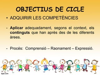 OBJECTIUS DE CICLE
• ADQUIRIR LES COMPETÈNCIES
- Aplicar adequadament, segons el context, els
continguts que han après des de les diferents
àrees.
- Procés: Comprensió – Raonament – Expressió.
 