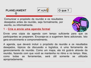 PLANEJAMENT
O

4ª

AÇÃO

-

O que ?

Comunicar o propósito da reunião e os resultados
desejados antes da reunião, seja formalmente, por
escrito, ou informalmente.
1 - Crie e envie uma agenda formal
Envie uma cópia da agenda com tempo suficiente para que os
participantes se preparem. Encoraje-os a sugerirem itens adicionais. Isto
gera envolvimento e comprometimento.
A agenda, que deverá incluir o propósito da reunião e os resultados
desejados, tópicos da discussão e logística, é uma ferramenta de
gerenciamento da reunião. Como um mapa, ela irá guiá-lo através da
reunião, fazendo com que você se mantenha no ritmo e no tempo. Mas,
como todas as ferramentas, será útil somente se utilizada
apropriadamente.

 
