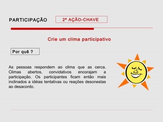 PARTICIPAÇÃO

2ª AÇÃO-CHAVE

Crie um clima participativo
Por quê ?
As pessoas respondem ao clima que as cerca.
Climas
abertos,
convidativos
encorajam
a
participação. Os participantes ficam então mais
inclinados a idéias tentativas ou reações desonestas
ao desacordo.

 
