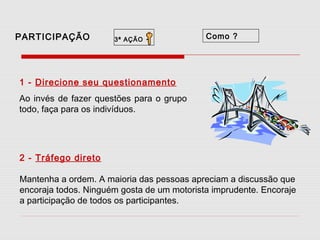 PARTICIPAÇÃO

3ª AÇÃO

-

Como ?

1 - Direcione seu questionamento
Ao invés de fazer questões para o grupo
todo, faça para os indivíduos.

2 - Tráfego direto
Mantenha a ordem. A maioria das pessoas apreciam a discussão que
encoraja todos. Ninguém gosta de um motorista imprudente. Encoraje
a participação de todos os participantes.

 