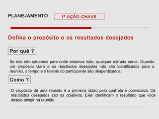 PLANEJAMENTO

1ª AÇÃO-CHAVE

Defina o propósito e os resultados desejados
Por quê ?
Se nós não sabemos para onde estamos indo, qualquer estrada serve. Quando
um propósito claro e os resultados desejados não são identificados para a
reunião, o tempo e o talento do participante são desperdiçados.

Como ?
O propósito de uma reunião é a primeira razão pela qual ela é convocada. Os
resultados desejados são os objetivos. Eles identificam o resultado que você
deseja atingir na reunião.

 