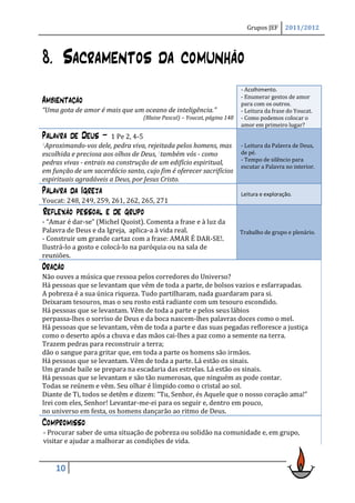 Grupos JEF      2011/2012




8. Sacramentos da comunhão
                                                                         - Acolhimento.
                                                                         - Enumerar gestos de amor
Ambientação                                                              para com os outros.
“Uma gota de amor é mais que um oceano de inteligência.”                 - Leitura da frase do Youcat.
                                  (Blaise Pascal) – Youcat, página 148   - Como podemos colocar o
                                                                         amor em primeiro lugar?
Palavra de Deus –       1 Pe 2, 4-5
4Aproximando-vos   dele, pedra viva, rejeitada pelos homens, mas         - Leitura da Palavra de Deus,
escolhida e preciosa aos olhos de Deus, 5também vós - como               de pé.
                                                                         - Tempo de silêncio para
pedras vivas - entrais na construção de um edifício espiritual,
                                                                         escutar a Palavra no interior.
em função de um sacerdócio santo, cujo fim é oferecer sacrifícios
espirituais agradáveis a Deus, por Jesus Cristo.
Palavra da Igreja                                                        Leitura e exploração.
Youcat: 248, 249, 259, 261, 262, 265, 271
Reflexão pessoal e de grupo
- “Amar é dar-se” (Michel Quoist). Comenta a frase e à luz da
Palavra de Deus e da Igreja, aplica-a à vida real.                       Trabalho de grupo e plenário.
- Construir um grande cartaz com a frase: AMAR É DAR-SE!.
Ilustrá-lo a gosto e colocá-lo na paróquia ou na sala de
reuniões.
Oração
Não ouves a música que ressoa pelos corredores do Universo?
Há pessoas que se levantam que vêm de toda a parte, de bolsos vazios e esfarrapadas.
A pobreza é a sua única riqueza. Tudo partilharam, nada guardaram para si.
Deixaram tesouros, mas o seu rosto está radiante com um tesouro escondido.
Há pessoas que se levantam. Vêm de toda a parte e pelos seus lábios
perpassa-lhes o sorriso de Deus e da boca nascem-lhes palavras doces como o mel.
Há pessoas que se levantam, vêm de toda a parte e das suas pegadas refloresce a justiça
como o deserto após a chuva e das mãos cai-lhes a paz como a semente na terra.
Trazem pedras para reconstruir a terra;
dão o sangue para gritar que, em toda a parte os homens são irmãos.
Há pessoas que se levantam. Vêm de toda a parte. Lá estão os sinais.
Um grande baile se prepara na escadaria das estrelas. Lá estão os sinais.
Há pessoas que se levantam e são tão numerosas, que ninguém as pode contar.
Todas se reúnem e vêm. Seu olhar é límpido como o cristal ao sol.
Diante de Ti, todos se detêm e dizem: “Tu, Senhor, és Aquele que o nosso coração ama!”
Irei com eles, Senhor! Levantar-me-ei para os seguir e, dentro em pouco,
no universo em festa, os homens dançarão ao ritmo de Deus.
Compromisso
- Procurar saber de uma situação de pobreza ou solidão na comunidade e, em grupo,
visitar e ajudar a malhorar as condições de vida.


    10
 