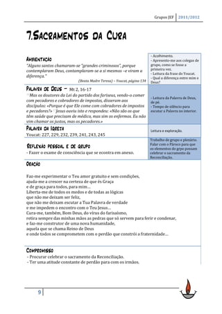 Grupos JEF      2011/2012




7.Sacramentos da Cura
                                                                       - Acolhimento.
Ambientação                                                            - Apresento-me aos colegas de
“Alguns santos chamaram-se “grandes criminosos”, porque                grupo, como se fosse a
contemplaram Deus, contamplaram-se a si mesmos –e viram a              primeira vez.
                                                                       - Leitura da frase do Youcat.
diferença.”                                                            - Qual a diferença entre mim e
                           (Beata Madre Teresa) – Youcat, página 134   Deus?
Palavra de Deus –      Mt 2, 16-17
16Mas os doutores da Lei do partido dos fariseus, vendo-o comer
                                                                       - Leitura da Palavra de Deus,
com pecadores e cobradores de impostos, disseram aos                   de pé.
discípulos: «Porque é que Ele come com cobradores de impostos          - Tempo de silêncio para
e pecadores?» 17Jesus ouviu isto e respondeu: «Não são os que          escutar a Palavra no interior.
têm saúde que precisam de médico, mas sim os enfermos. Eu não
vim chamar os justos, mas os pecadores.»
Palavra da Igreja                                                      Leitura e exploração.
Youcat: 227, 229, 232, 239, 241, 243, 245
                                                                       Trabalho de grupo e plenário.
                                                                       Falar com o Pároco para que
Reflexão pessoal e de grupo                                            os elementos do grpo possam
- Fazer o exame de consciência que se econtra em anexo.                celebrar o sacramento da
                                                                       Reconciliação.
Oração
Faz-me experimentar o Teu amor gratuito e sem condições,
ajuda-me a crescer na certeza de que és Graça
e de graça para todos, para mim…
Liberta-me de todos os medos e de todas as lógicas
que não me deixam ser feliz,
que não me deixam escutar a Tua Palavra de verdade
e me impedem o encontro com o Teu Jesus…
Cura-me, também, Bom Deus, do vírus do farisaísmo,
retira sempre das minhas mãos as pedras que só servem para ferir e condenar,
e faz-me construtor de uma nova humanidade,
aquela que se chama Reino de Deus
e onde todos se comprometem com o perdão que constrói a fraternidade…


Compromisso
- Procurar celebrar o sacramento da Reconciliação.
- Ter uma atitude constante de perdão para com os irmãos.




        9
 