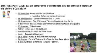 SORTIDES PUNTUALS: cal un compromís d’assistència des del principi i ingressar
els diners a CaixaBank
o 23 d’octubre: Museu Marítim de Barcelona
o Sortida a Collserola- sense determinar
o 11 de desembre : Dansa contemporània al Liceu
o 17 de desembre: Circ d’Hivern a l’Ateneu Popular de Nou Barris.
o A determinar data : Xerrada sobre Internet amb els Mossos d’Esquadra
o 25 de gener : El Parlament
o Febrer: visites a 2/3 IES del barri
o Possible visita al castell de Torre Baró
o Març: Excursió al Montseny
o 28 d’ abril : Museu d’ Història de Catalunya
o 24 de maig: Cursa d’Orientació a Turó de Sant Pere Màrtir
o 8 de juny: Biatló a Montjuïc (natació + córrer).
 