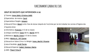 FUNCIONAMENTGENERALDELCURS
GRUP DE DOCENTS QUE INTERVENEN A 6è
§ Tutores: Irene (6èA) i Cristina (6èB)
§ Especialista de música: Carol
§ Especialista d’Anglès: Amparo
§ Educació Física: Manel (a 6è s‘han de dutxar després de l’activitat per tal de treballar les normes d‘higiene des
d’aquesta àrea)
§ Informàtica: Francesc (1/2 de la classe)
§ Llengua castellana: Irene (6è A), Mariló (6è B)
§ Biblioteca: Mariló i Irene (1/2 de la classe)
§ MALL: Mónica A. / Mª Carme
§ Educació en Valors Cívics i/o Religió: Irene, Mariló i Vicente
§ Aula d’Acollida: Jordi Terrés
§ Educació Especial: Isabel, Vanessa i Marta
§ USEE: Thais P /Eva R
 