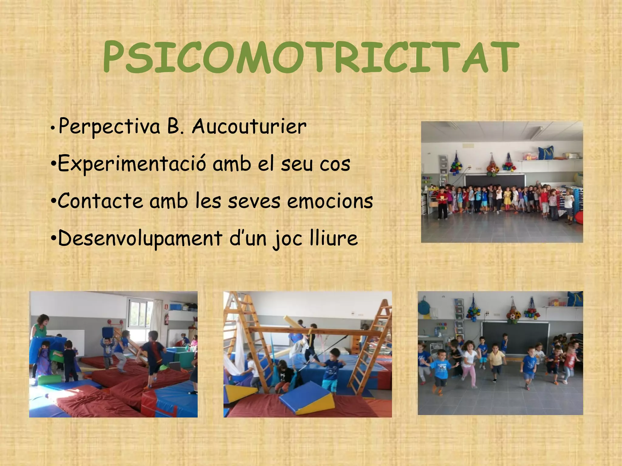 PSICOMOTRICITAT 
• Perpectiva B. Aucouturier 
•Experimentació amb el seu cos 
•Contacte amb les seves emocions 
•Desenvolupament d’un joc lliure  