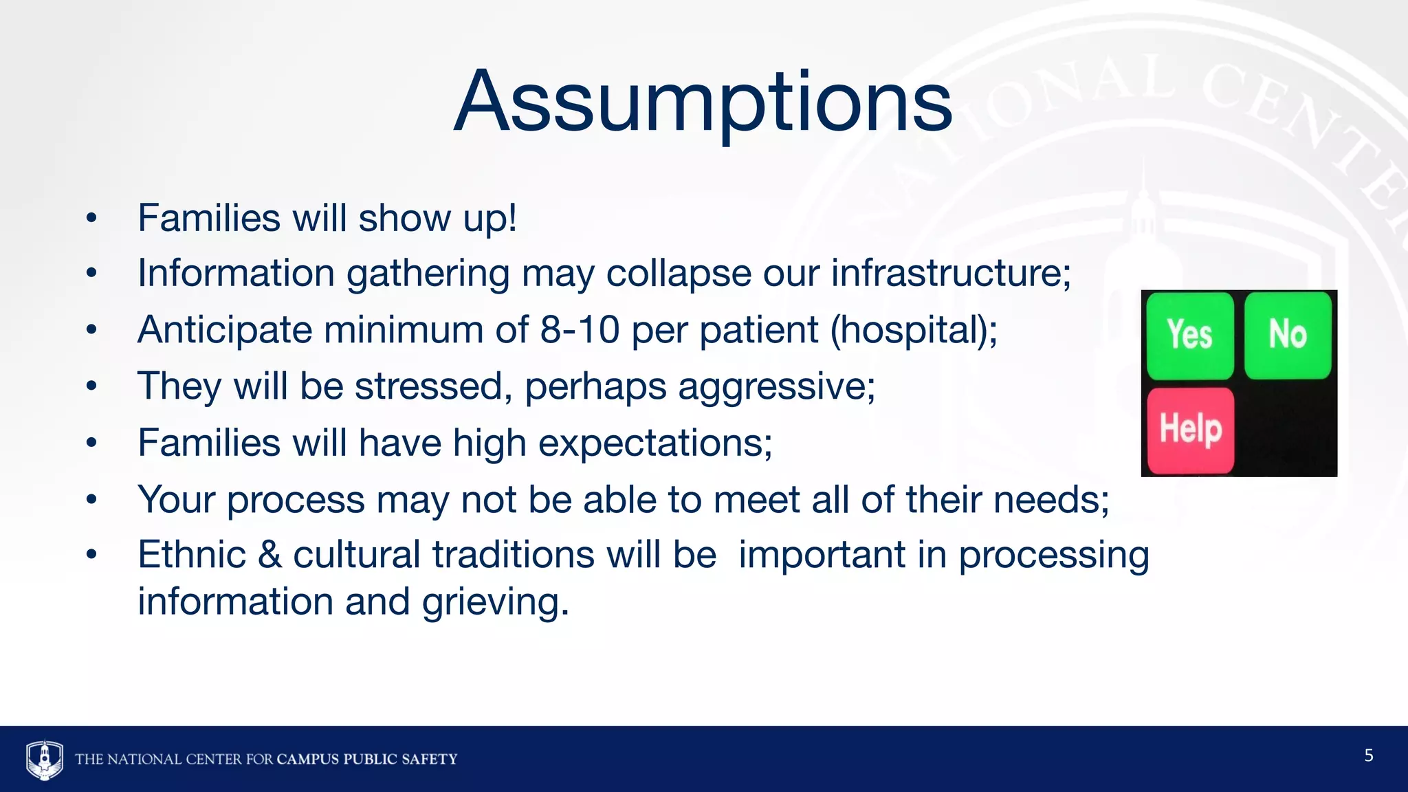 Assumptions
• Families will show up!
• Information gathering may collapse our infrastructure;
• Anticipate minimum of 8-10 per patient (hospital);
• They will be stressed, perhaps aggressive;
• Families will have high expectations;
• Your process may not be able to meet all of their needs;
• Ethnic & cultural traditions will be important in processing
information and grieving.
5
 