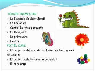 TERCER TRIMESTRE
- La llegenda de Sant Jordi
- Les colònies
- Conte: Els tres porquets
- La Dringueta
- La primavera
- L’estiu.
TOT EL CURS
- El projecte del nom de la classe: les tortugues i
els conills.
- El projecte de l’escola: la geometria
- El nom propi

 