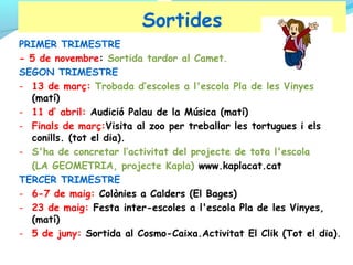 Sortides
PRIMER TRIMESTRE
- 5 de novembre: Sortida tardor al Camet.
SEGON TRIMESTRE
- 13 de març: Trobada d’escoles a l'escola Pla de les Vinyes
(matí)
- 11 d’ abril: Audició Palau de la Música (matí)
- Finals de març:Visita al zoo per treballar les tortugues i els
conills. (tot el dia).
- S'ha de concretar l’activitat del projecte de tota l'escola
(LA GEOMETRIA, projecte Kapla) www.kaplacat.cat
TERCER TRIMESTRE
- 6-7 de maig: Colònies a Calders (El Bages)
- 23 de maig: Festa inter-escoles a l'escola Pla de les Vinyes,
(matí)
- 5 de juny: Sortida al Cosmo-Caixa.Activitat El Clik (Tot el dia).

 