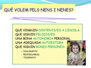 QUÈ VOLEM PELS NENS I NENES?

QUE VINGUIN CONTENTS/ES A L’ESCOLA.
QUE SIGUIN FELIÇOS/ES
UNA BONA AUTONOMIA PERSONAL.
UNA ADEQUADA AUTOESTIMA
QUE SIGUIN BONES PERSONES:
- DIALOGANTS
- RESPONSABLES
- TOLERANTS

 