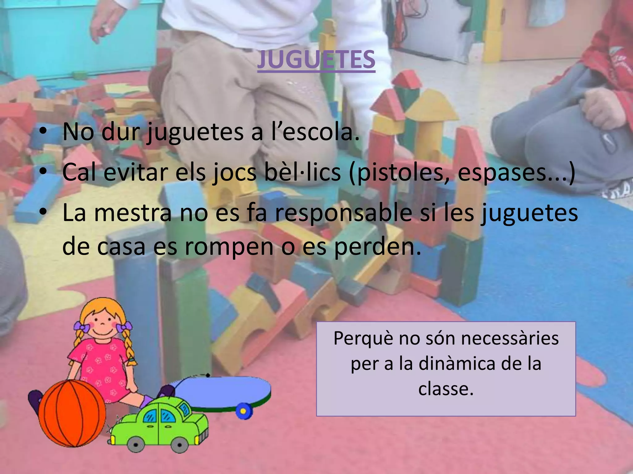 A les 8’35 es tancaran les portes. S’haurà d’entrar per la porta principal i omplir el justificant de faltes de puntualitat de consergeria.Perquè és necessari ser puntual?No interrompre la feina que s’ha començat a les classes.