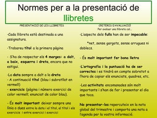 Normes per a la presentació de
llibretes
PRESENTACIÓ DE LES LLIBRETES CRITERIS D’AVALUACIÓ
Per avaluar una llibreta cal...
-Cada llibreta està destinada a una
assignatura.
-Trobareu títol a la primera pàgina
- S’ha de respectar els 4 marges: a dalt,
a baix, esquerra i dreta, encara que no
estigui.
-La data sempre a dalt a la dreta
- A continuació títol (blau i subratllat en
vermell)
- exercicis (pàgina i número exercici de
color vermell; enunciat de color blau).
- És molt important deixar sempre una
línia o dues entre la data i el títol, el títol i els
exercicis i entre exercici i exercici
-L’aspecte dels fulls han de ser impecable:
*net, sense gargots, sense arrugues ni
doblecs.
- És molt important fer bona lletra
-L’ortografia i la puntuació ha de ser
correctes i es tindrà en compte sobretot a
l’hora de copiar els enunciats, quadres, etc.
-Les activitats encomanades són molt
importants i s’han de fer i presentar el dia
que toca.
No presentar-los repercuteix en la nota
global del trimestre i comporta una nota a
l’agenda per la vostra informació.
 