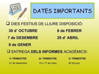 DATES IMPORTANTS
 DIES FESTIUS DE LLIURE DISPOSICIÓ:
30 d’ OCTUBRE 8 de FEBRER
7 de DESEMBRE 29 d’ ABRIL
8 de GENER
 ENTREGA DELS INFORMES ACADÈMICS:
1r TRIMESTRE 2n TRIMESTRE 3r TRIMESTRE
21 de desembre 15 o 17 de març 20 de juny
 