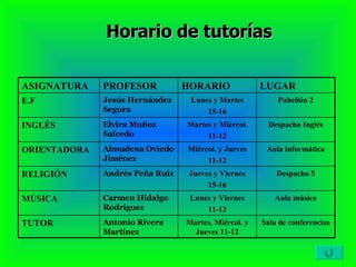 Horario de tutorías Aula música Lunes y Viernes 11-12 Carmen Hidalgo Rodríguez MÚSICA Sala de conferencias Martes, Miércol. y Jueves 11-12 Antonio Rivera Martínez TUTOR Despacho 5 Jueves y Viernes 15-16 Andrés Peña Ruiz RELIGIÓN Aula informática Miércol. y Jueves 11-12 Almudena Oviedo Jiménez ORIENTADORA Despacho Inglés Martes y Miércol. 11-12 Elvira Muñoz Salcedo INGLÉS Pabellón 2 Lunes y Martes 15-16 Jesús Hernández Segura E.F LUGAR HORARIO PROFESOR ASIGNATURA 