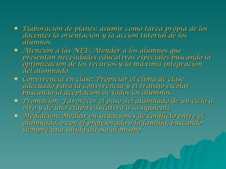 Elaboración de planes: asumir como tarea propia de los docentes la orientación y la acción tutorial de los alumnos. Atención a las NEE: Atender a los alumnos que presentan necesidades educativas especiales buscando la optimización de los recursos y la máxima integración del alumnado. Convivencia en clase: Propiciar el clima de clase adecuado para la convivencia y el trabajo escolar buscando la aceptación de todos los alumnos. Promoción: Favorecer el paso del alumnado de un ciclo a otro y de una etapa educativa a la siguiente. Mediación: Mediar en situaciones de conflicto entre el alumnado, o con el profesorado o la familia, buscando siempre una salida airosa al mismo 