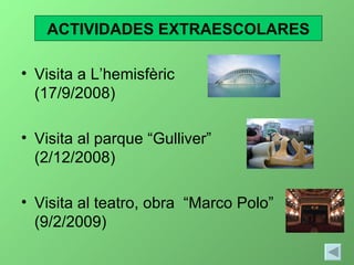Visita a L’hemisfèric  (17/9/2008) Visita al parque “Gulliver”  (2/12/2008) Visita al teatro, obra  “Marco Polo” (9/2/2009) ACTIVIDADES EXTRAESCOLARES 