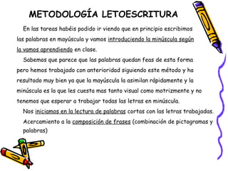 METODOLOGÍA LETOESCRITURA
En las tareas habéis podido ir viendo que en principio escribimos
las palabras en mayúscula y vamos introduciendo la minúscula según
la vamos aprendiendo en clase.
Sabemos que parece que las palabras quedan feas de esta forma
pero hemos trabajado con anterioridad siguiendo este método y ha
resultado muy bien ya que la mayúscula la asimilan rápidamente y la
minúscula es la que les cuesta mas tanto visual como motrizmente y no
tenemos que esperar a trabajar todas las letras en minúscula.
Nos iniciamos en la lectura de palabras cortas con las letras trabajadas.
Acercamiento a la composición de frases (combinación de pictogramas y
palabras)
 