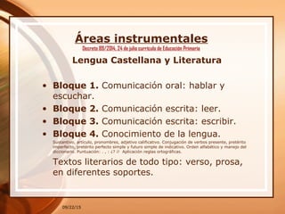 Áreas instrumentales
Decreto 89/2014, 24 de julio currículo de Educación Primaria
Lengua Castellana y Literatura
• Bloque 1. Comunicación oral: hablar y
escuchar.
• Bloque 2. Comunicación escrita: leer.
• Bloque 3. Comunicación escrita: escribir.
• Bloque 4. Conocimiento de la lengua.
Sustantivo, artículo, pronombres, adjetivo calificativo. Conjugación de verbos presente, pretérito
imperfecto, pretérito perfecto simple y futuro simple de indicativo. Orden alfabético y manejo del
diccionario. Puntuación: . , : ¿? ¡! Aplicación reglas ortográficas.
Textos literarios de todo tipo: verso, prosa,
en diferentes soportes.
09/22/15
 