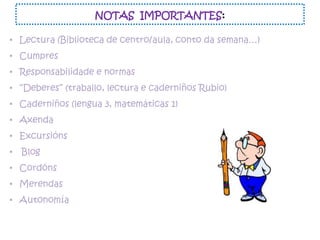 NOTAS IMPORTANTES:
• Lectura (Biblioteca de centro/aula, conto da semana…)
• Cumpres
• Responsabilidade e normas
• “Deberes” (traballo, lectura e caderniños Rubio)
• Caderniños (lengua 3, matemáticas 1)
• Axenda
• Excursións
• Blog
• Cordóns
• Merendas
• Autonomía
 