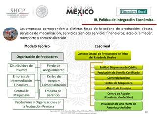 10
III. Política de Integración Económica.
Organización de Productores
Distribuidora de
Insumos
Empresa de
Intermediación
Financiera
Centro de
Acopio y
Comercialización
Fondo de
Aseguramiento
Central de
Maquinaria
Productores y Organizaciones en
la Producción Primaria
Empresa de
Beneficio
Las empresas corresponden a distintas fases de la cadena de producción: abasto,
servicios de mecanización, servicios técnicos servicios financieros, acopio, almacén,
transporte y comercialización.
Consejo Estatal de Productores de Trigo
del Estado de Sinaloa
Abasto de Insumos
Central de Maquinaria
Comercializadora
Producción de Semilla Certificada
Entidad Dispersora de Crédito
Instalación de una Planta de
Amoniaco Anhidro
Centro de Acopio
(Construcción de Silos)
Modelo Teórico Caso Real
 