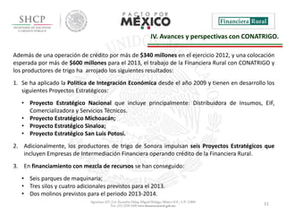 11
IV. Avances y perspectivas con CONATRIGO.
Además de una operación de crédito por más de $340 millones en el ejercicio 2012, y una colocación
esperada por más de $600 millones para el 2013, el trabajo de la Financiera Rural con CONATRIGO y
los productores de trigo ha arrojado los siguientes resultados:
1. Se ha aplicado la Política de Integración Económica desde el año 2009 y tienen en desarrollo los
siguientes Proyectos Estratégicos:
• Proyecto Estratégico Nacional que incluye principalmente: Distribuidora de Insumos, EIF,
Comercializadora y Servicios Técnicos.
• Proyecto Estratégico Michoacán;
• Proyecto Estratégico Sinaloa;
• Proyecto Estratégico San Luis Potosí.
2. Adicionalmente, los productores de trigo de Sonora impulsan seis Proyectos Estratégicos que
incluyen Empresas de Intermediación Financiera operando crédito de la Financiera Rural.
3. En financiamiento con mezcla de recursos se han conseguido:
• Seis parques de maquinaria;
• Tres silos y cuatro adicionales previstos para el 2013.
• Dos molinos previstos para el periodo 2013-2014.
 