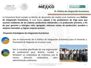 9
III. Política de Integración Económica.
La Financiera Rural cumple su Misión de desarrollo del medio rural mediante una Política
de Integración Económica, la cual busca apoyar a los productores de trigo para que
asuman eslabones de las cadenas productivas adicionales a la producción primaria, a fin
de que: generen y retengan valor agregado; reduzcan costos de producción; accedan a
mejores mercados; y, logren mejores precios.
Son el instrumento de la Política de Integración Económica para el Fomento y
Promoción de Negocios en el sector rural.
Son la iniciativa planificada de una organización
de productores para diseñar, incubar y
fortalecer un corporativo de empresas con la
misma dirección corporativa, pero
administración autónoma.
Proyectos Estratégicos de Integración Económica
 