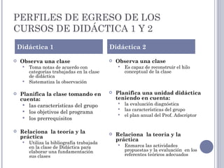 PERFILES DE EGRESO DE LOS
CURSOS DE DIDÁCTICA 1 Y 2
    Didáctica 1                              Didáctica 2

   Observa ...