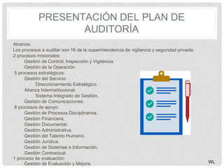 PRESENTACIÓN DEL PLAN DE
AUDITORÍA
Alcance:
Los procesos a auditar son 16 de la superintendencia de vigilancia y seguridad privada:
2 procesos misionales:
Gestión de Control, Inspección y Vigilancia.
Gestión de la Operación.
5 procesos estratégicos:
Gestión del Servicio.
Direccionamiento Estratégico.
Alianza Interinstitucional.
Sistema Integrado de Gestión.
Gestión de Comunicaciones.
8 procesos de apoyo:
Gestión de Procesos Disciplinarios.
Gestión Financiera.
Gestión Documental.
Gestión Administrativa.
Gestión del Talento Humano.
Gestión Jurídica.
Gestión de Sistemas e Información.
Gestión Contractual.
1 proceso de evaluación:
Gestión de Evaluación y Mejora. WL
 