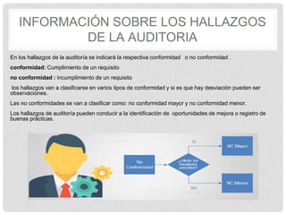 INFORMACIÓN SOBRE LOS HALLAZGOS
DE LA AUDITORIA
En los hallazgos de la auditoría se indicará la respectiva conformidad o no conformidad .
conformidad: Cumplimiento de un requisito
no conformidad : incumplimiento de un requisito
los hallazgos van a clasificarse en varios tipos de conformidad y si es que hay desviación pueden ser
observaciones.
Las no conformidades se van a clasificar como: no conformidad mayor y no conformidad menor.
Los hallazgos de auditoría pueden conducir a la identificación de oportunidades de mejora o registro de
buenas prácticas.
 