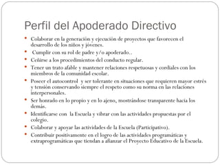 Perfil del Apoderado Directivo Colaborar en la generación y ejecución de proyectos que favorecen el desarrollo de los niños y jóvenes. Cumplir con su rol de padre y/o apoderado.. Ceñirse a los procedimientos del conducto regular. Tener un trato afable y mantener relaciones respetuosas y cordiales con los miembros de la comunidad escolar. Poseer el autocontrol  y ser tolerante en situaciones que requieren mayor estrés y tensión conservando siempre el respeto como su norma en las relaciones interpersonales. Ser honrado en lo propio y en lo ajeno, mostrándose transparente hacia los demás. Identificarse con  la Escuela y vibrar con las actividades propuestas por el colegio.  Colaborar y apoyar las actividades de la Escuela (Participativo). Contribuir positivamente en el logro de las actividades programáticas y extraprogramáticas que tiendan a afianzar el Proyecto Educativo de la Escuela. 