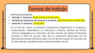 Formas de trabajo
• De forma semestral.
 Período 1° semestre: 05 de marzo al 21 de junio.
 Período de vacaciones de invierno 3 semanas: del 24 de junio al 12 de julio.
 Inicio de 2° semestre: 17 de julio.
• En el mes de marzo, se realizarán evaluaciones diagnósticas en lenguaje y
comunicación, matemáticas, Cs. Naturales e Historia, además de realizar
refuerzo pedagógico de contenidos del año anterior (se aplicará Evaluación
sumativa a fines de marzo). Este año se continuará trabajando con los
Aprendizajes Basales (OA priorizados nivel 1) del año escolar en conjunto con
los Aprendizajes Complementarios (OA priorizados nivel 2).
 