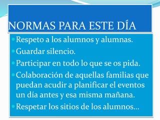 NORMAS PARA ESTE DÍA
Respeto a los alumnos y alumnas.
Guardar silencio.
Participar en todo lo que se os pida.
Colaboración de aquellas familias que
puedan acudir a planificar el eventos
un día antes y esa misma mañana.
Respetar los sitios de los alumnos…
 