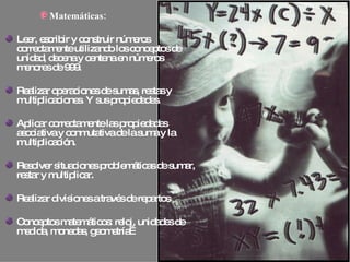 Matemáticas: Leer, escribir y construir números correctamente utilizando los conceptos de unidad, decena y centena en números menores de 999. Realizar operaciones de sumas, restas y multiplicaciones. Y sus propiedades. Aplicar correctamente las propiedades asociativa y conmutativa de la suma y la multiplicación. Resolver situaciones problemáticas de sumar, restar y multiplicar. Realizar divisiones a través de repartos Conceptos matemáticos: reloj, unidades de medida, monedas, geometría… 
