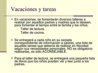 Vacaciones y tareas En vacaciones, se fomentarán diversos talleres a realizar por aquellos padres y madres que lo deseen, para fomentar el tiempo entre la familia y los niños: Taller de lectura. Taller de cocina. Se entregará a cada niño en su carpeta correspondiente de información a padres, una lista de aquellas tareas que debería de realizar en Navidad según sus necesidades personales. NO es obligatorio realizarlas, es sólo ACONSEJABLE. Para el taller de lectura, se entregará una pequeña lista de libros que los niños pueden ver y leer junto a los padres.  