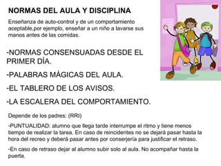 NORMAS DEL AULA Y DISCIPLINA
Enseñanza de auto-control y de un comportamiento
aceptable,por ejemplo, enseñar a un niño a lavarse sus
manos antes de las comidas.
-NORMAS CONSENSUADAS DESDE EL
PRIMER DÍA.
-PALABRAS MÁGICAS DEL AULA.
-EL TABLERO DE LOS AVISOS.
-LA ESCALERA DEL COMPORTAMIENTO.
Depende de los padres: (RRI)
-PUNTUALIDAD: alumno que llega tarde interrumpe el ritmo y tiene menos
tiempo de realizar la tarea. En caso de reincidentes no se dejará pasar hasta la
hora del recreo y deberá pasar antes por conserjería para justificar el retraso.
-En caso de retraso dejar al alumno subir solo al aula. No acompañar hasta la
puerta.
 