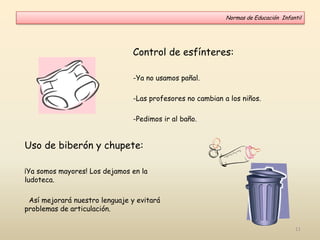 Control de esfínteres:
-Ya no usamos pañal.
-Las profesores no cambian a los niños.
-Pedimos ir al baño.
Normas de Educación Infantil
11
Uso de biberón y chupete:
¡Ya somos mayores! Los dejamos en la
ludoteca.
Así mejorará nuestro lenguaje y evitará
problemas de articulación.
 