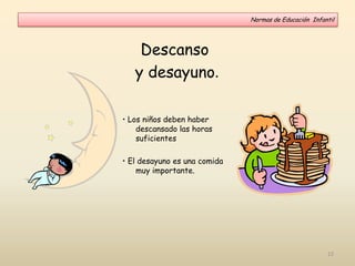 Descanso
y desayuno.
• Los niños deben haber
descansado las horas
suficientes
• El desayuno es una comida
muy importante.
Normas de Educación Infantil
12
 
