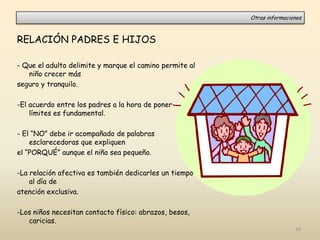 RELACIÓN PADRES E HIJOS
- Que el adulto delimite y marque el camino permite al
niño crecer más
seguro y tranquilo.
-El acuerdo entre los padres a la hora de poner
límites es fundamental.
- El “NO” debe ir acompañado de palabras
esclarecedoras que expliquen
el “PORQUÉ” aunque el niño sea pequeño.
-La relación afectiva es también dedicarles un tiempo
al día de
atención exclusiva.
-Los niños necesitan contacto físico: abrazos, besos,
caricias.
Otras informaciones
16
 