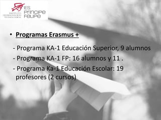 • Programas Erasmus + 
- Programa KA-1 Educación Superior, 9 alumnos 
- Programa KA-1 FP: 16 alumnos y 11 . 
- Programa Ka-1 Educación Escolar: 19 
profesores (2 cursos) 
 
