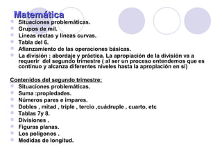 MatemáticaMatemática
 Situaciones problemáticas.
 Grupos de mil.
 Líneas rectas y líneas curvas.
 Tabla del 6.
 Afianzamiento de las operaciones básicas.
 La división : abordaje y práctica. La apropiación de la división va a
requerir del segundo trimestre ( al ser un proceso entendemos que es
continuo y alcanza diferentes niveles hasta la apropiación en sí)
Contenidos del segundo trimestre:
 Situaciones problemáticas.
 Suma :propiedades.
 Números pares e impares.
 Dobles , mitad , triple , tercio ,cuádruple , cuarto, etc
 Tablas 7y 8.
 Divisiones .
 Figuras planas.
 Los polígonos .
 Medidas de longitud.
 