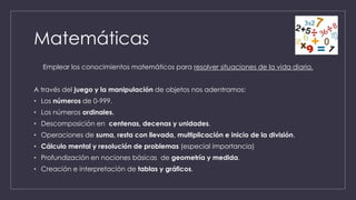 Matemáticas
Emplear los conocimientos matemáticos para resolver situaciones de la vida diaria.
A través del juego y la manipulación de objetos nos adentramos:
• Los números de 0-999.
• Los números ordinales.
• Descomposición en centenas, decenas y unidades.
• Operaciones de suma, resta con llevada, multiplicación e inicio de la división.
• Cálculo mental y resolución de problemas (especial importancia)
• Profundización en nociones básicas de geometría y medida.
• Creación e interpretación de tablas y gráficos.
 
